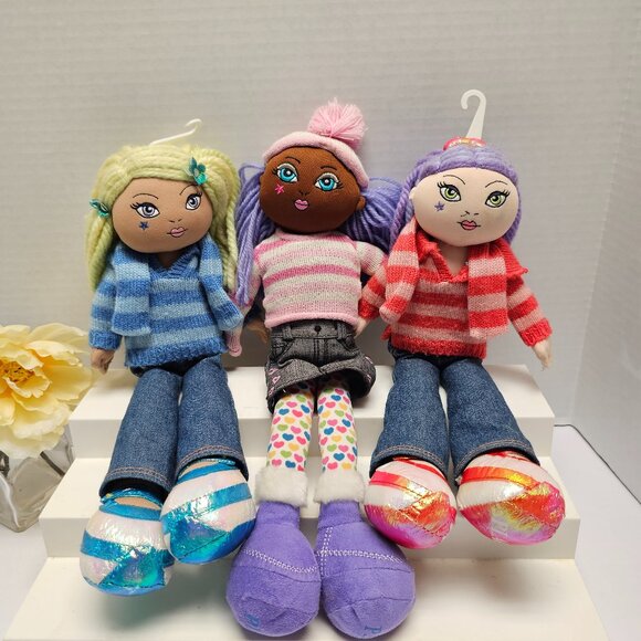 3 The Childrens Place Pals Plush Yarn Knit Soft African American Doll Lot 13"